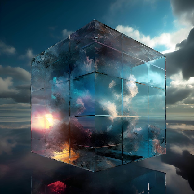 Abstracte 3d illustratie van futuristische kubus met wolken