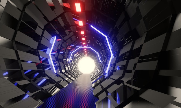 abstracte 3d illustratie van tienhoekige tunnel bekleed met zwarte en zilveren platen met rode en blauwe li