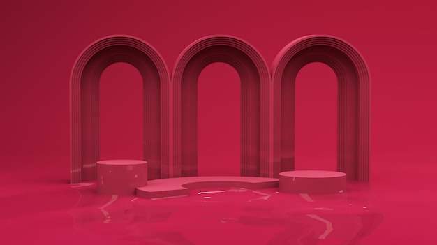 Abstracte 3D met viva magenta kleur geometrische voetstuk podium set en boog op het wateroppervlak