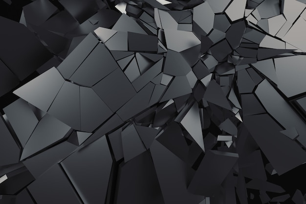 Abstracte 3D-weergave van gebarsten oppervlak. Achtergrond met gebroken vorm. Muur vernietiging. Barstend met puin. Moderne cgi-illustratie.