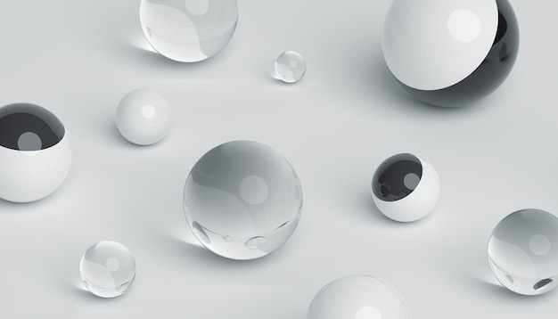 Abstracte 3D-weergave van geometrische vormen. Samenstelling met bollen. Modern achtergrondontwerp voor poster, dekking, branding, banner, plakkaat.