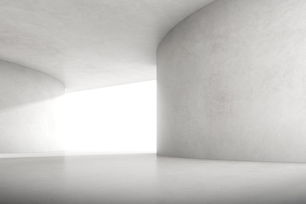 Abstracte 3D-weergave van lege betonnen ruimte met licht en schaduw op de curve-structuur, futuristische architectuur.