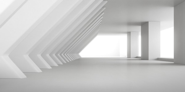 Abstracte 3D-weergave van lege betonnen ruimte met licht en schaduw op de kolomstructuur, futuristische architectuur.