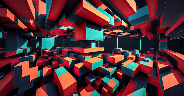 Abstracte achtergrond 3d geometrische vormen compositie met rode en cyan geometrische vormen 3d heldere abstracte achtergrond