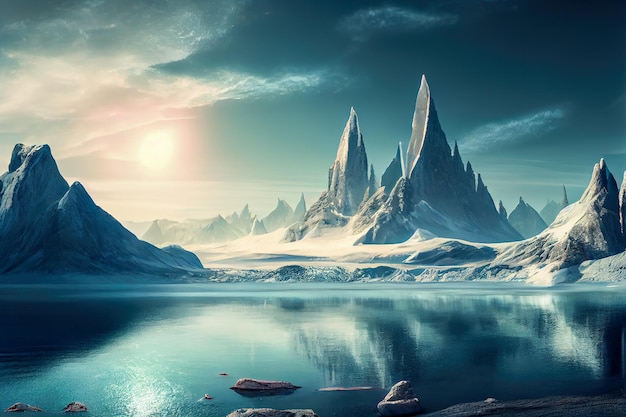 Abstracte achtergrond arctische bergen op de planeet in de ruimte Generatieve AI
