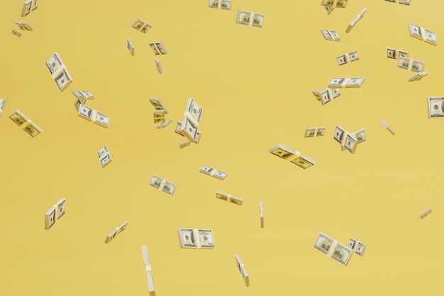 Abstracte achtergrond bestaande uit patronen van papieren dollars die over een gele achtergrond vliegen 3D render