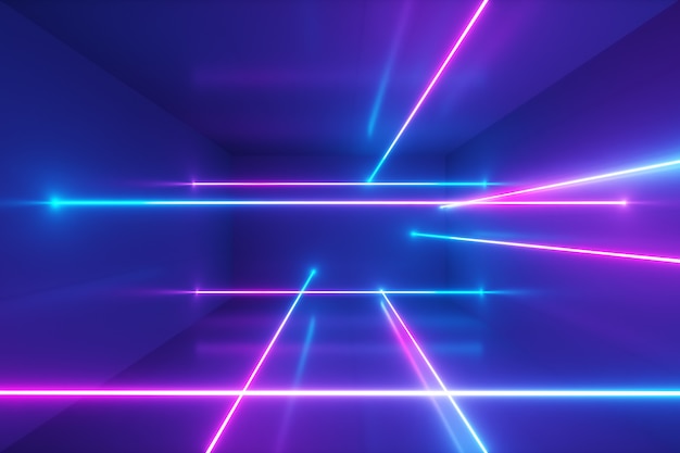 Abstracte achtergrond, bewegende neonstralen, lichtgevende lijnen in de kamer, fluorescerend ultraviolet licht, blauw rood roze violet spectrum, 3d illustratie