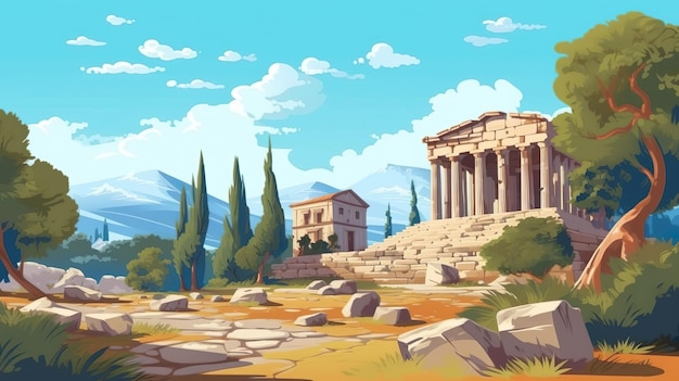 Abstracte achtergrond Griekse tempels Boeiende banner met een charmante Griekse stad genesteld tegen een schilderachtige achtergrond Generatieve AI