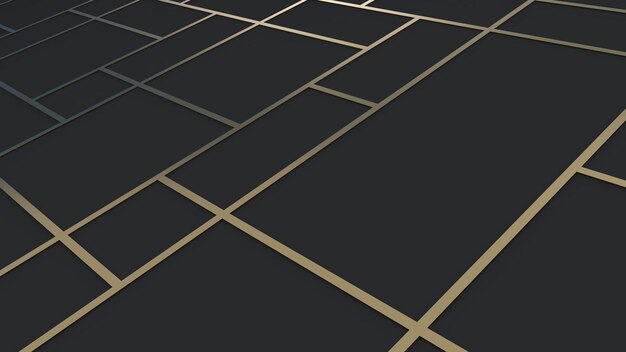 Abstracte achtergrond in schuine rechthoekige stijlgeometrische lijn met gouden patroongouden en zwarte achtergrond3d rendering