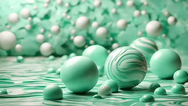 Abstracte achtergrond met 3D mint groene bollen Gemarmerde bubbels