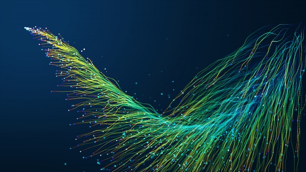 Abstracte achtergrond met animatie gloeiende deeltjes verplaatsen van lijnen voor fiber optic netwerkkabels verspreid over het frame.