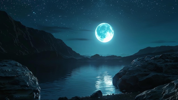 Abstracte achtergrond met bergen en een heldere maan die rond gloeit geometrische vormen Sterrenrijke nachtelijke hemel met rotsen en water