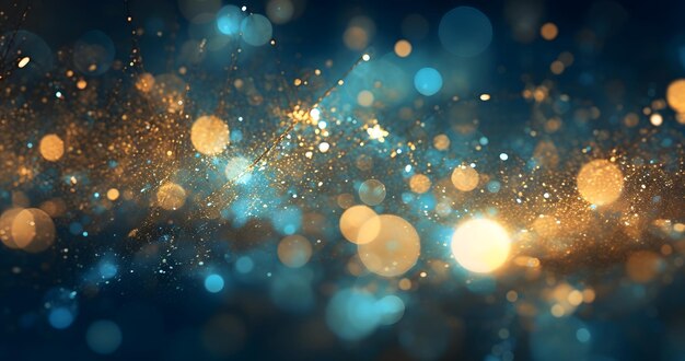 Abstracte achtergrond met donkerblauwe en gouden deeltjes Kerstmis Gouden licht schitteren deeltjes bokeh