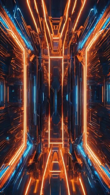 Foto abstracte achtergrond met futuristische symmetrie en reflecties en oranje en blauwe neonlichten