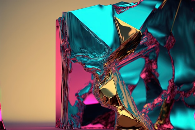 Abstracte achtergrond met gratis 3D gouden vormen die stromen en smelten in surrealistische beweging Zachte spetterende abstracte vormen achtergrond met blauwe en paarse kristalopname Gegenereerde AI
