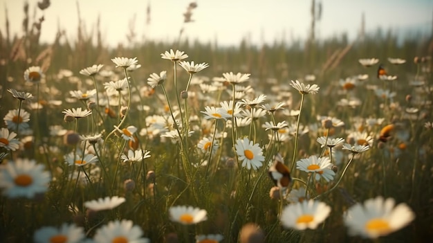 Abstracte achtergrond met madeliefjeweide in zachte zonlicht Mooie kamilles en grasveld botanisch behang met lente wilde bloemen Horizontale afbeelding voor bannerontwerp Generatieve AI