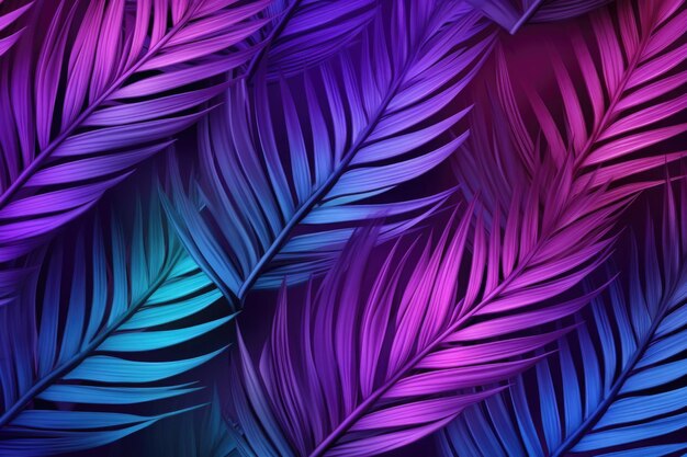 Abstracte achtergrond met neonkleurige palmbladeren Tropische exotische planten met ultraviolette verlichting