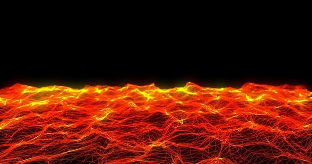 Abstracte achtergrond met oranje vurige golven en lijnen van driehoeken en punten van magische energie