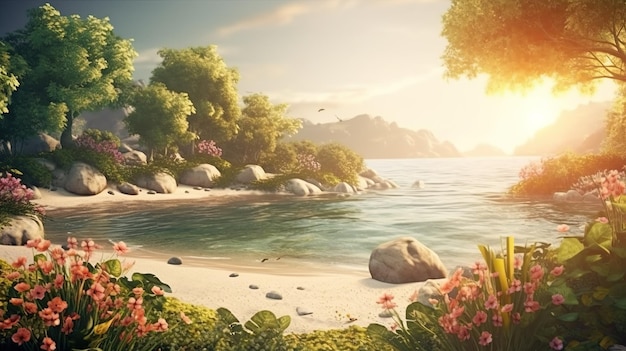 Abstracte achtergrond met prachtig idyllisch uitzicht op de lagune in zonlicht Zeegezicht met zandkostenstenen bloeiende bloemen planten en groene bomen Horizontale afbeelding voor bannerontwerp Generatieve AI