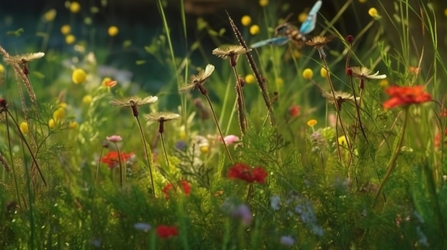 Abstracte achtergrond met wilde bloemen weide en vliegende libel in close-up verschillende bloemen gras en planten botanisch behang horizontale afbeelding voor banner ontwerp generatieve AI