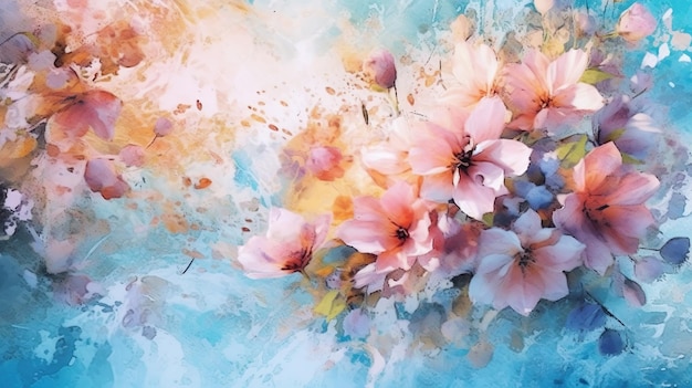 Abstracte achtergrond met zachtroze bloemenboeket met aquarelverf spatten en natte vlekken Lente botanisch behang met bloemen Horizontale illustratie voor bannerontwerp Generatieve AI