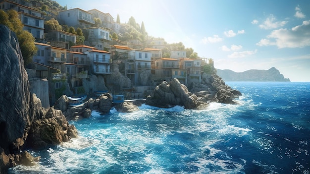 Abstracte achtergrond met zeegezicht met bergen kliffen met stadshuizen met oceaangolven uitzicht op rotsen Zomer zee landschap behang Horizontale illustratie voor bannerontwerp Generatieve AI