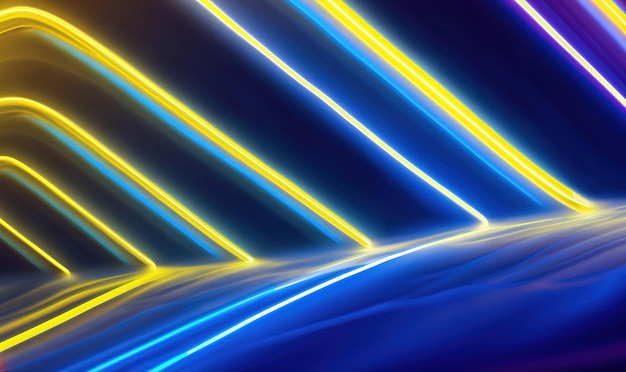 Abstracte achtergrond neonlicht laser show impuls equalizer grafiek ultraviolet spectrum puls stroomlijnen kwantumenergie impuls geel blauw gloeiende dynamische lijnen