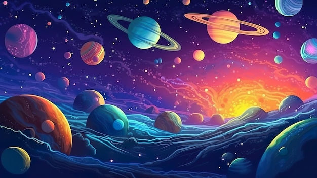 Abstracte achtergrond planeten en zonnestelsel Hemelse reis met een ingewikkelde illustratie van planeten en het zonnestelsel versterkt door achtergrond Generatieve AI