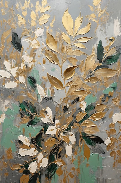 Abstracte achtergrond schilderij met gouden en groene bladeren op de muur
