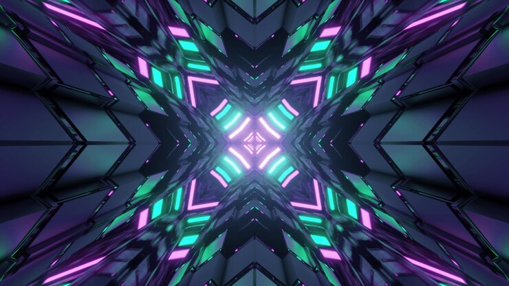 Abstracte achtergrond van futuristische megapolis met neonverlichting in 3D illustratie