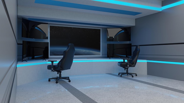 Abstracte achtergrond van Sci Fi futuristische ruimteschip werkruimte en stoel 3D illustratie rendering
