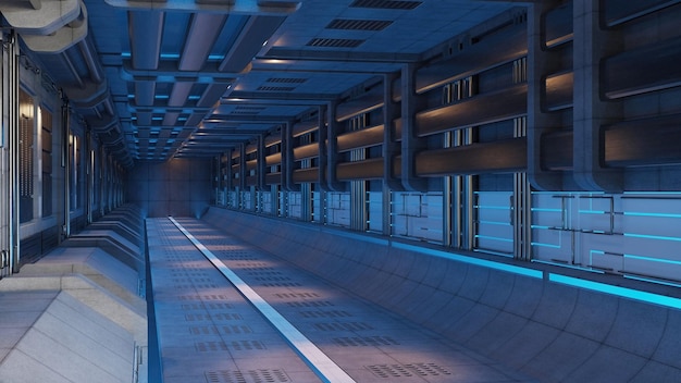 Abstracte achtergrond van Sci Fi moderne futuristische ruimteschip Tunnel Corridor gate, 3D illustratie rendering