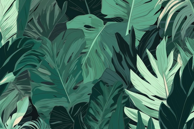 Abstracte achtergrond van tropische groene bladeren Mooie minimalistische print voor uw decor voor ansichtkaart gefeliciteerd en poster Generative AI