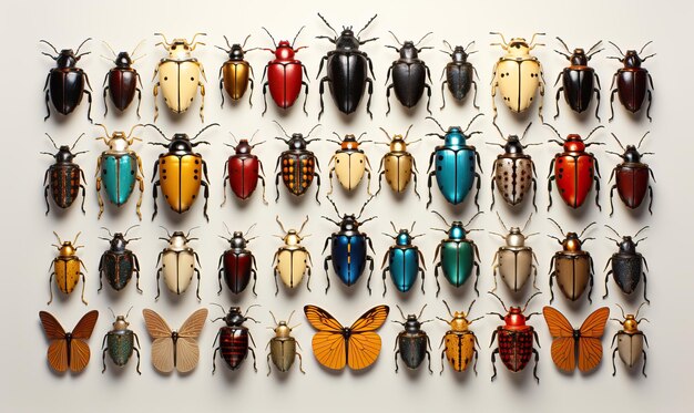 Foto abstracte achtergrond van verschillende insecten op een witte achtergrond selectieve zachte focus