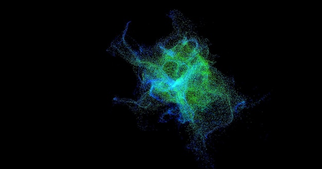 Abstracte achtergrond van vliegende kleine deeltjes met een kleine scherptediepte Chaotische emissie van deeltjes van blauwe en groene kleuren op een zwarte achtergrond 3D-rendering illustratie