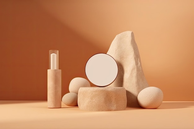 Abstracte achtergrond voor merkidentiteit van cosmetische producten en verpakkingsinspiratie Witte stenen podium met bruine kleurachtergrond Generatieve AI