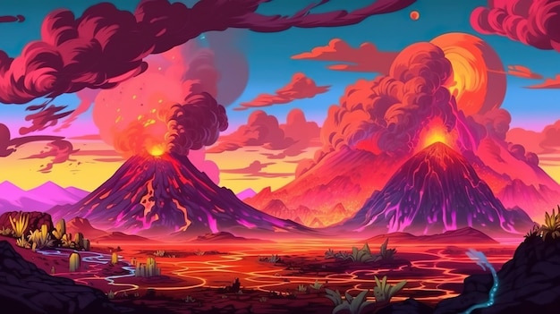 Abstracte achtergrond vuurvulkanen en lava Een boeiend bannerontwerp met een illustratie van vurige vulkanen en stromende lava tegen een opvallende kleurrijke achtergrond Generatieve AI