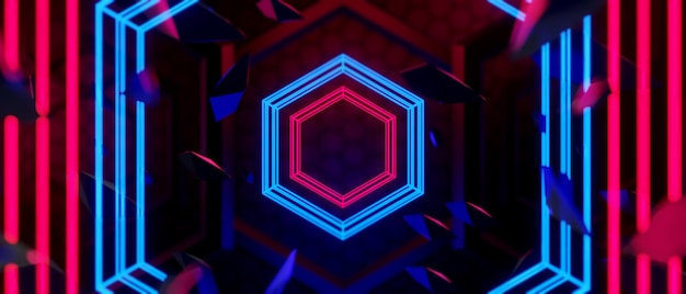 Abstracte achtergrondkleur video game van esports scifi gaming cyberpunk vr virtual reality simulatie en metaverse scène stand voetstuk fase 3d illustratie rendering futuristische neon gloed kamer