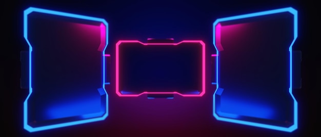 Abstracte achtergrondkleur video game van esports scifi gaming cyberpunk vr virtual reality simulatie en metaverse scène stand voetstuk fase 3d illustratie rendering futuristische neon gloed kamer