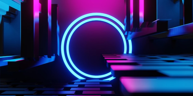 Abstracte achtergrondkleur video game van esports scifi gaming cyberpunk vr virtual reality simulatie en metaverse scène stand voetstuk fase 3d illustratie rendering futuristische neon gloed kamer