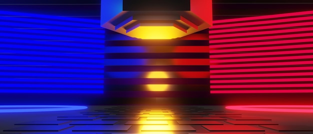 Foto abstracte achtergrondkleur video game van esports scifi gaming cyberpunk vr virtual reality simulatie en metaverse scène stand voetstuk fase 3d illustratie rendering futuristische neon gloed kamer