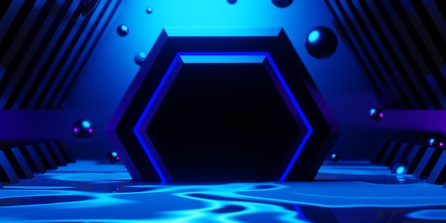Abstracte achtergrondkleur video game van esports scifi gaming cyberpunk vr virtual reality simulatie en metaverse scène stand voetstuk fase 3d illustratie rendering futuristische neon gloed kamer