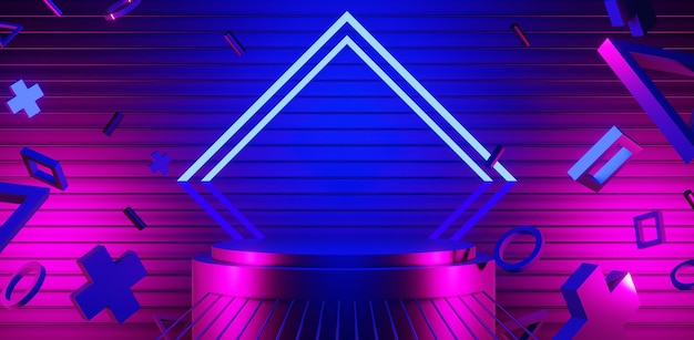 Abstracte achtergrondkleur video game van esports scifi gaming cyberpunk vr virtual reality simulatie en metaverse scène stand voetstuk fase 3d illustratie rendering futuristische neon gloed kamer