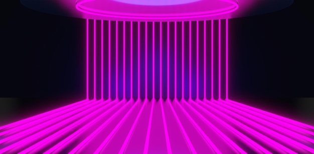 Abstracte achtergrondkleur video game van scifi gaming cyberpunk vr virtual reality simulatie en metaverse scène stand voetstuk fase 3d illustratie rendering futuristische neon gloed kamer