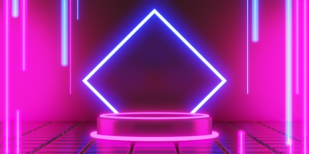 Abstracte achtergrondkleur video game van scifi gaming cyberpunk vr virtual reality simulatie en metaverse scène stand voetstuk fase 3d illustratie rendering futuristische neon gloed kamer