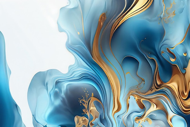 Abstracte acryl vloeibare kunst schilderij textuur blauwe en gouden kleuren