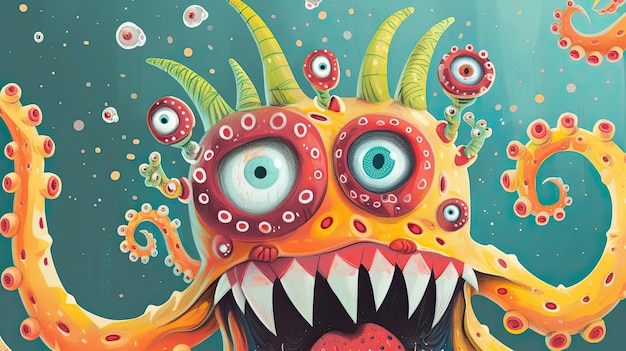 Abstracte afbeelding van een angstaanjagende octopus als monster suckers tentakels oranje villi veel oogcellen Grote ogen en angstaanjoggende kromme tanden zeedier mystiek fantasie Generatief door AI