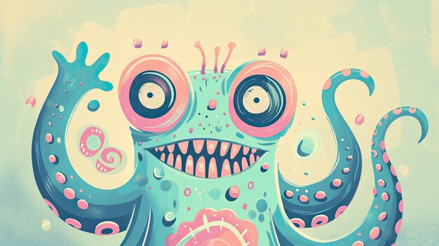 Abstracte afbeelding van een angstige octopus als monster suckers tentakels villi blauwe en roze cartoon stijl Grote ogen en angstaanjagende kromme tanden zeedier mystiek fantasie Generatief door AI