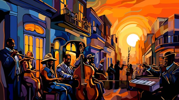 Abstracte afbeelding van jazzmuzikanten op de straten van New Orleans