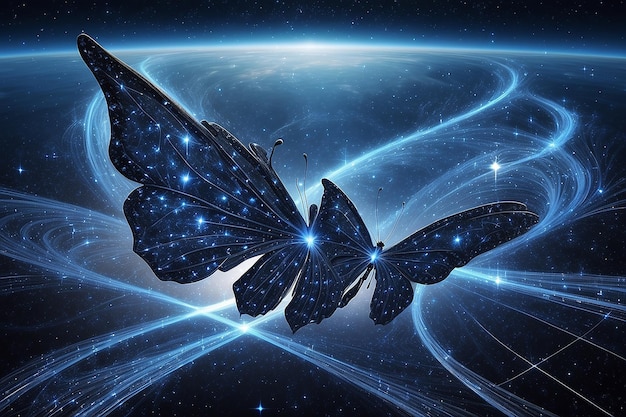 Foto abstracte afbeelding vlinder in de vorm van een sterrenhemel of ruimte bestaande uit puntlijnen en vormen in de vorm van planeten